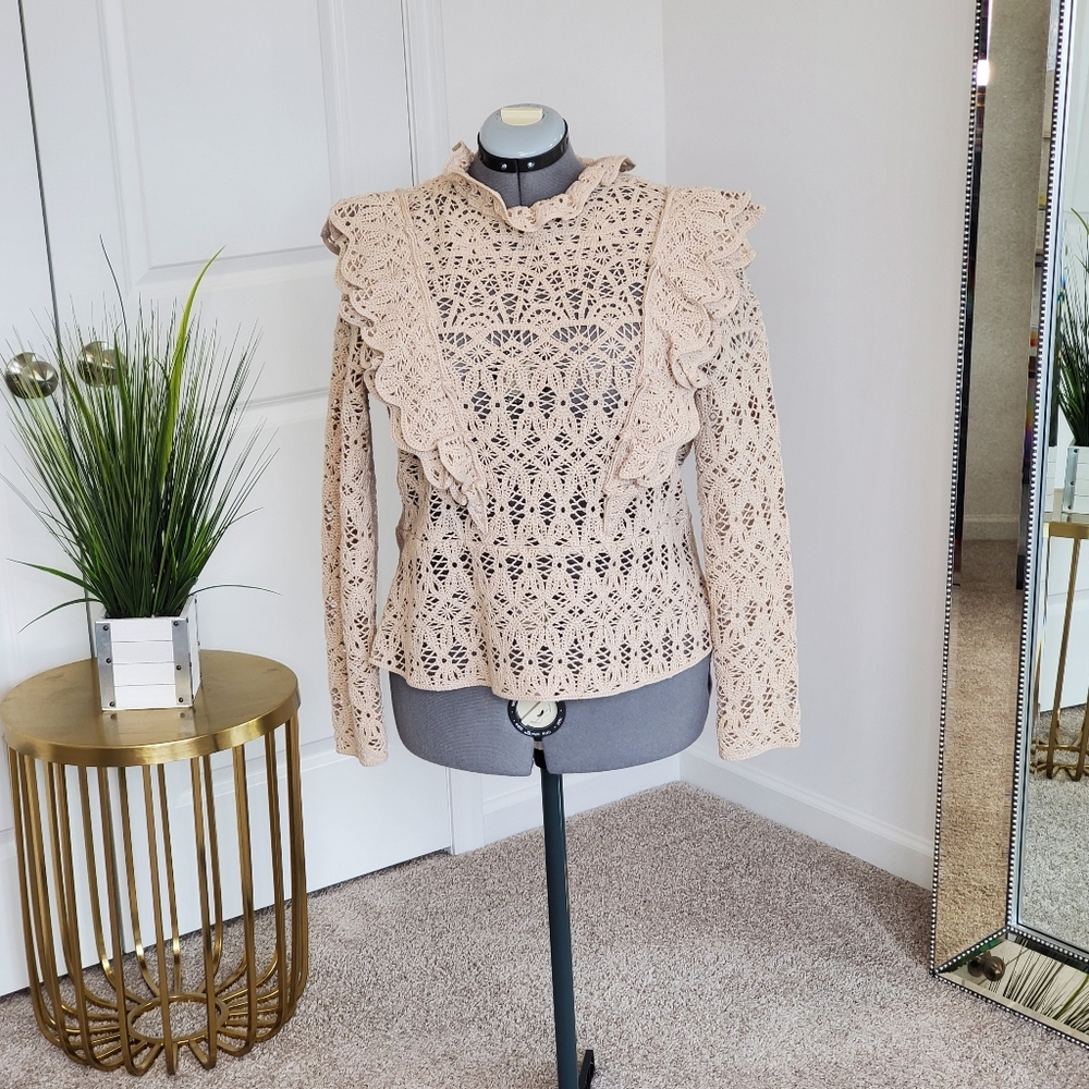 H&M Women's Crochet Ruffle Blouse, Cream (Size XL)